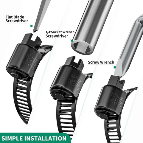 Stainless Steel Hose Clamps Kit 175 Pieces Adjustable From Quarter Inch To One And A Half Inch 6 To 38 Millimeter Heavy Duty Worm Gear Clamps shown with tools for installation.