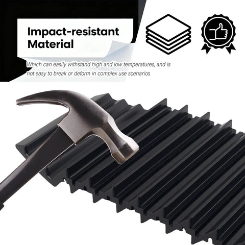 Heavy Duty 2 Pack Car Tire Traction Mats Featuring Non Slip Grip with a hammer demonstrating impact-resistant material.