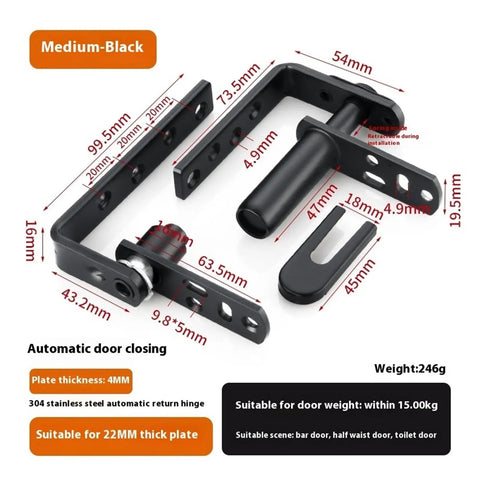 Heavy Duty Barn Door Hardware Kit With Axis Hinge Half Height Sliding Door Track Bidirectional Free Entry Exit Rotating Shaft In Classic Medium Black Finish with hinge details and measurements.