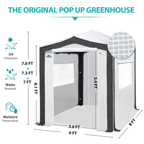 8x6 Portable Walk In Greenhouse With Polyester Reinforced Corners Quick Easy Pop Up Setup Tool Free Indoor Outdoor Gardening Greenhouse Roll Up Zipper Doors And Mesh Windows Gray White