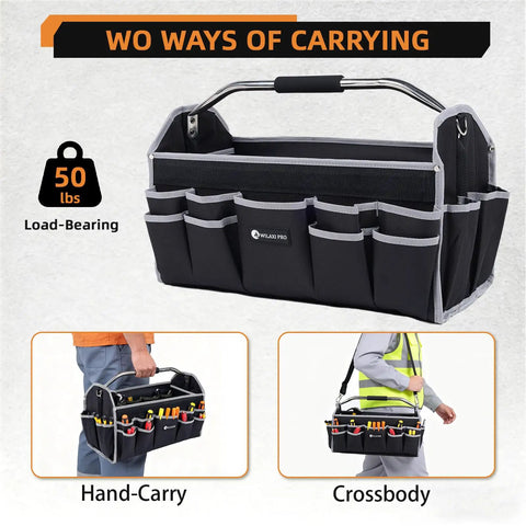 Built Tough 16 Inch Tool Bag For Men With Open Top Design showing hand-carry and crossbody use with multiple pockets