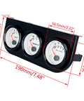 Automotive triple gauge kit with black 52mm console; volt, water-temperature, and oil-pressure gauges.