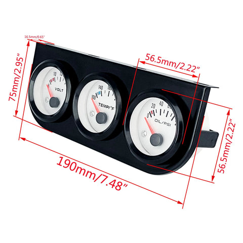 Automotive triple gauge kit with black 52mm console; volt, water-temperature, and oil-pressure gauges.
