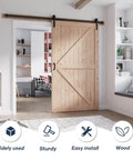 Front view of 48 Inch By 80 Inch Sliding Wood Barn Door With 8 Foot Hardware Kit Included, K Shape Solid Spruce Panel in a living room.