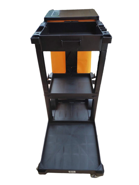 Workhorse Janitorial Cart On Wheels With Three Shelves Raised Edges For Tools And Side Hooks For Mops And Brooms 25 Gallon Bag With Lid And 66 Lb Capacity 330 Lb Load Stable Smooth Movement Built For Real Busy Cleanups