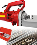 HajMyrdonyx Electric Hydraulic Rebar Cutter 1250W Cuts 4-20mm Steel Bars Spark-Free Fast Cutting Machine with red case and rebar background.