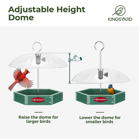 Large Platform Bird Feeder For Outdoor Hanging With Adjustable Dome Squirrel Proof Design and Metal Mesh Tray