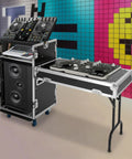 14U DJ Rack Case With Heavy Duty Reinforced Frame And Tough As Nails Mobility Setup For Smoother Rolling Studio Gear Protection During Live Gigs Today with mixer and speakers.
