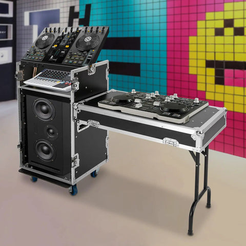 14U DJ Rack Case With Heavy Duty Reinforced Frame And Tough As Nails Mobility Setup For Smoother Rolling Studio Gear Protection During Live Gigs Today with mixer and speakers.