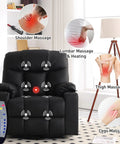 Oversized Swivel Rocker Recliner With Heated Massage, 40 Inch Rocking Chair In PU Leather, Black Finish with massage diagram