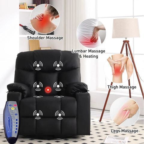 Oversized Swivel Rocker Recliner With Heated Massage, 40 Inch Rocking Chair In PU Leather, Black Finish with massage diagram