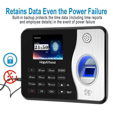 Straight Up Standalone Fingerprint Time Clock For Small Business Dead Simple Hour Tracker Zero Monthly Fees Offline Attendance Device With Five Rfid Cards Plug And Play Payroll Helper with display and keypad