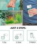 Pro 7 Way Aquarium Test Strip Kit Includes 125 Green Strips, measuring water quality in a fish tank with a test strip.