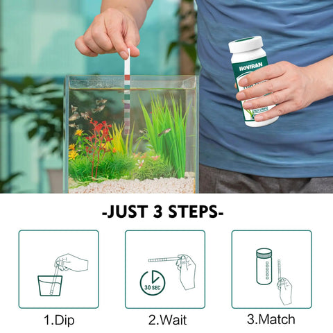 Pro 7 Way Aquarium Test Strip Kit Includes 125 Green Strips, measuring water quality in a fish tank with a test strip.