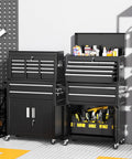 Rollin Tool Chest With Wheels And Eight Drawers, Detachable Top Box And Bottom Cabinet With Locking Mechanism, Heavy Duty Steel Toolbox For Garage, Workshop, And Warehouse, Black Liner Included, High Capacity, black rolling chest with open top box and bottom cabinet
