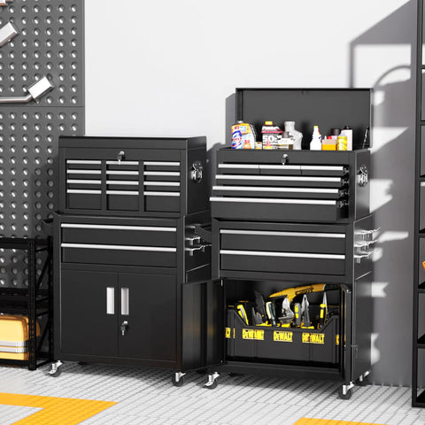 Rollin Tool Chest With Wheels And Eight Drawers, Detachable Top Box And Bottom Cabinet With Locking Mechanism, Heavy Duty Steel Toolbox For Garage, Workshop, And Warehouse, Black Liner Included, High Capacity, black rolling chest with open top box and bottom cabinet