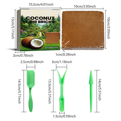 Compressed Natural Plant Blocks For Indoor And Outdoor Gardens PH Balanced Potting Soil with tools and dimensions displayed