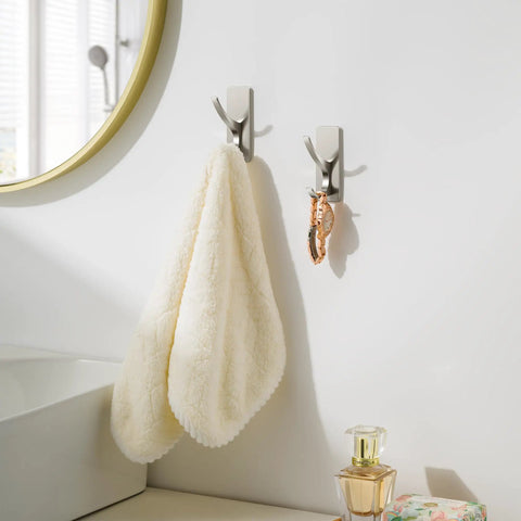 Heavy Duty Self Adhesive Towel Hooks Rock Solid No Drilling Brushed Nickel Mounts For Bathroom Shower Wall Loofah Holder Towel Rack And Coats Super Sticky Grip 4 Pack