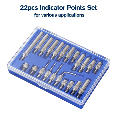 22-piece indicator points set in blue plastic case with knurled metal tips for dial indicators