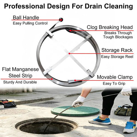Heavy Duty Manganese Steel Drain Snake To Bust Pesky Pipe Clogs And Tricky Sewer Backups Easy Manual Auger with ball handle and clog breaking head.