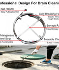 Heavy Duty Manganese Steel Drain Snake Auger Flexible Sewer Cleaning Tool with ball handle and movable clamp design.