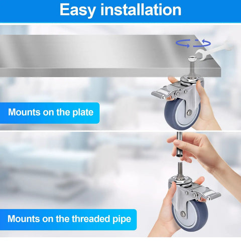 Heavy Duty Four Inch Stainless Steel Caster Wheels Built Tough With Side Lock Brake And Smooth Rolling Non Marking Rubber Swivel Casters for easy installation on plates or pipes.