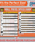 Magnetic 8.5X11 Drill Press Speed Chart Handy Go To RPM Reference for drill bits wall mount cheat sheet displayed with size dimensions