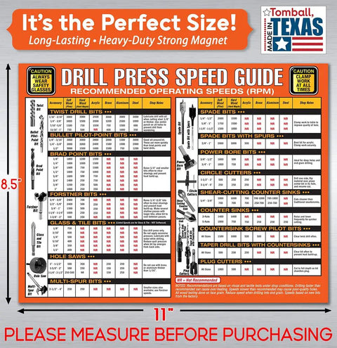 Magnetic 8.5X11 Drill Press Speed Chart Handy Go To RPM Reference for drill bits wall mount cheat sheet displayed with size dimensions