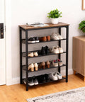 Boss-Level Five-Tier Industrial Shoe Rack With Metal Mesh Shelves in entryway, rustic brown top, black frame, filled with shoes
