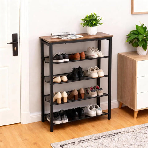 Boss-Level Five-Tier Industrial Shoe Rack With Metal Mesh Shelves in entryway, rustic brown top, black frame, filled with shoes