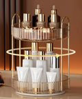 Kick Back And Organize Your Vanity Game With This Smooth Spin 360 Rotating Makeup Organizer Featuring Two Tier High Capacity Storage For Cosmetics Skincare And Perfume In Classic Amber Gold with clear tubes and jars.