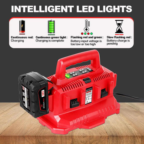 Six Port Fast Charger for M18 Batteries Replacement Battery Charger with LED indicators and carry handle on wooden surface