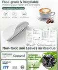 Reusable Aluminum Foil Lids For Nespresso VertuoLine Pods with certificates, coffee cup, and eco-friendly icons