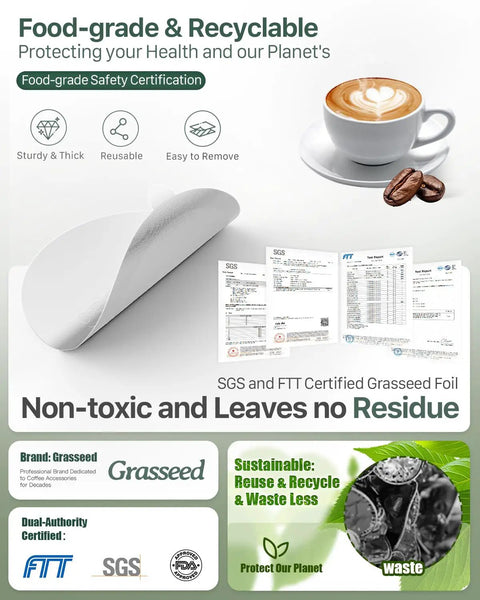 Reusable Aluminum Foil Lids For Nespresso VertuoLine Pods with certificates, coffee cup, and eco-friendly icons