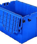 Industrial Lidded Plastic Storage Container With Attached Lid Nested And Stackable Storage Box For Garage And Warehouse Use, Blue