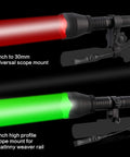 Beast Mode Long Range Hunting Flashlight with red and green LEDs mounted on scopes for predator hunts.
