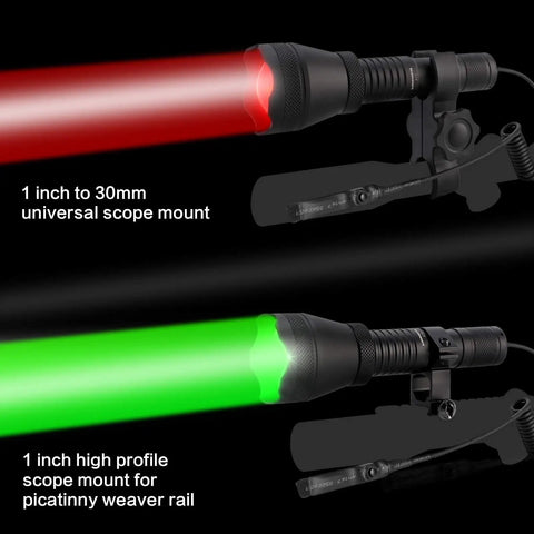 Beast Mode Long Range Hunting Flashlight with red and green LEDs mounted on scopes for predator hunts.