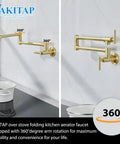 Gold Pot Filler Wall Mount Faucet With Double Joint Swing Arm Two Handle Single Hole Kitchen Faucet High Flow Brass Construction Modern Brass Finish Easy Install For Cold Or Hot Water No Fuss Install Durable Solid Brass Build
