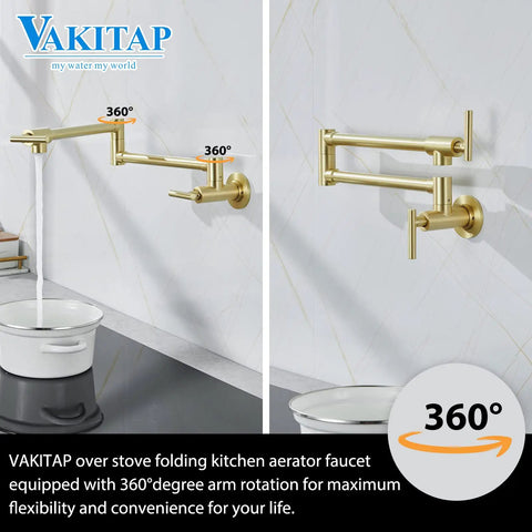 Gold Pot Filler Wall Mount Faucet With Double Joint Swing Arm Two Handle Single Hole Kitchen Faucet High Flow Brass Construction Modern Brass Finish Easy Install For Cold Or Hot Water No Fuss Install Durable Solid Brass Build