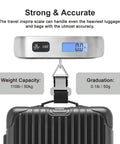 Hassle Free Travel Luggage Scale Portable Digital Hanging Baggage Scale With 110 Lb Capacity Lightweight Suitcase Weight Scale Battery Included Silver showing weight on LCD.