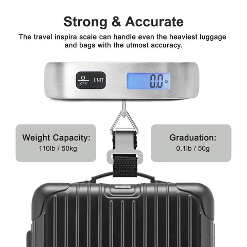 Hassle Free Travel Luggage Scale Portable Digital Hanging Baggage Scale With 110 Lb Capacity Lightweight Suitcase Weight Scale Battery Included Silver showing weight on LCD.
