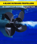 Beefed Up Aluminum Boat Propeller For Mercury 40 140HP Outboards 13.8 Inch Diameter 11 Pitch 4 Blades Right Hand Rotation 15 Spline Hub Kit Included OEM Replacement 48 8M8026560, displayed in front of a blue aquatic background.