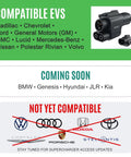 Knockout 2025 Nacs To Ccs1 Evolution Adapter image showing compatible EV brands for fast charging and upcoming models.