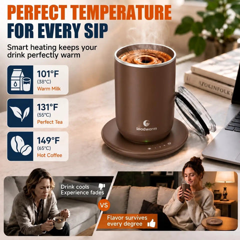 Kick The Spoon Habit With This Slick Set Of Two 10oz Self Heating Coffee Mugs Featuring Magnetized Vortex Stirring And Smart Temperature Control For Flawless Matcha Mixes And All Day Sipper Vibes on a desk.