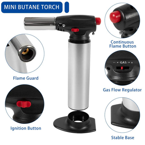 Mini butane torch with ignition button and flame guard, part of Jewelry Soldering Kit With Silver Solder Wire And Butane Torch