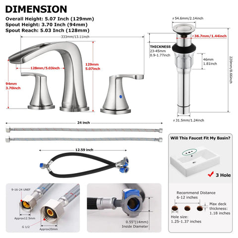 Two Handle Waterfall Widespread Bathroom Faucet In Brushed Nickel With Metal Pop Up Drain And cUPC Supply Lines Doris Model Ideal Vanity Upgrade For 6 To 12 Inch Center Distances