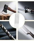 12 Pack Five Thirty Second Inch Chainsaw File Set With Four Millimeter Round Sharpening Files For Chains And Power Tools Like Shovels Axes Drills Wood Planers And Blades A Handy Multi Tool Sharpening Kit For Gearheads And DIYers image showing multiple tools including an axe, chainsaw, drill bit, and knife