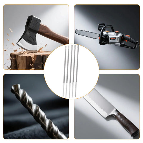 12 Pack Five Thirty Second Inch Chainsaw File Set With Four Millimeter Round Sharpening Files For Chains And Power Tools Like Shovels Axes Drills Wood Planers And Blades A Handy Multi Tool Sharpening Kit For Gearheads And DIYers image showing multiple tools including an axe, chainsaw, drill bit, and knife