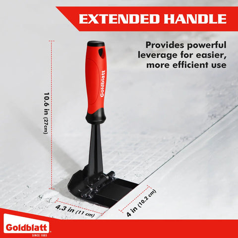 Trim Puller 4 Inch Tile Removal Multi Tool For Pro Grade Easy Home Improvement And Remodeling Projects With A Wide Contact Surface in use showing extended handle