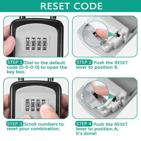 Steps to reset the code on a key safe box for home and outdoors with 4 digit combination locks, waterproof key lock box holds up to 5 keys.